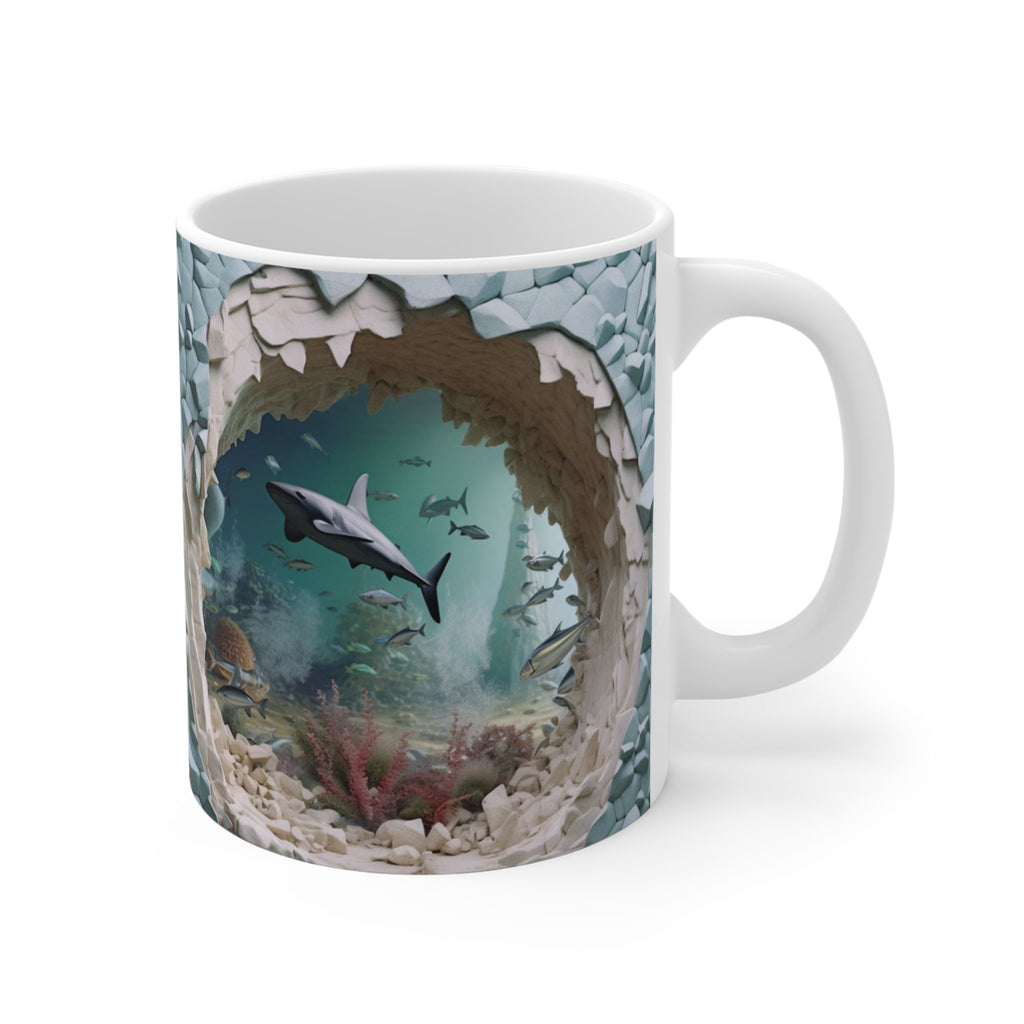3D Image Sharks In the Ocean Coffee Mug, 3D White Shark Crack Hole 11oz/15oz Coffee Mug, 3D Mug LTN