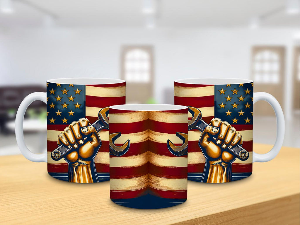 Labor Day Patriotic Mug – 11 oz and 15 oz Sublimation Design with Wrench & Flag LTN