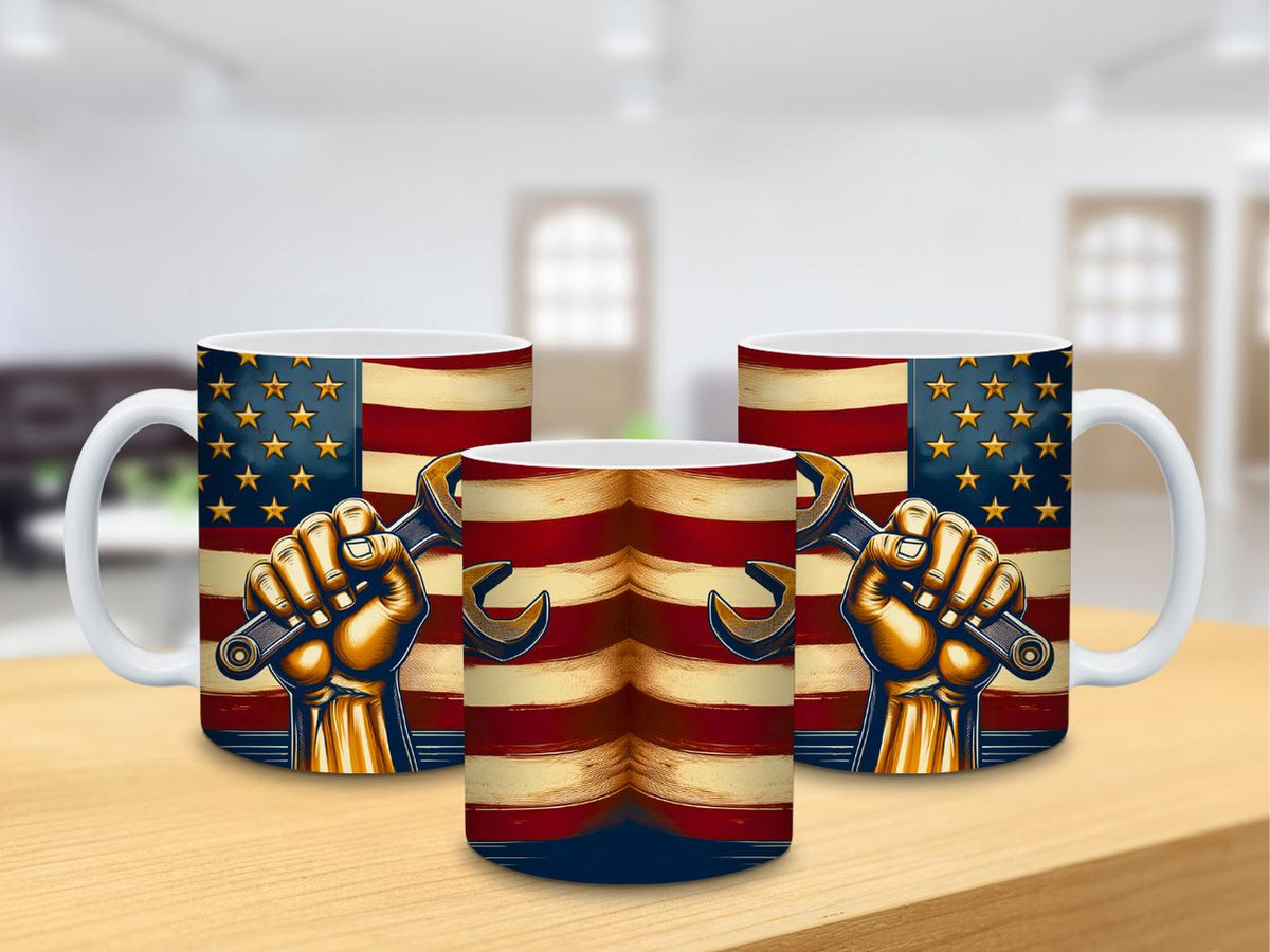 Labor Day Patriotic Mug – 11 oz and 15 oz Sublimation Design with Wrench & Flag LTN