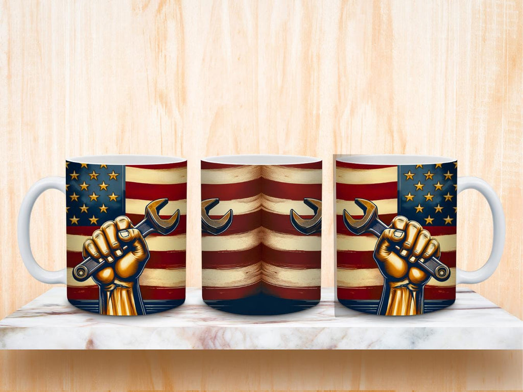 Labor Day Patriotic Mug – 11 oz and 15 oz Sublimation Design with Wrench & Flag LTN