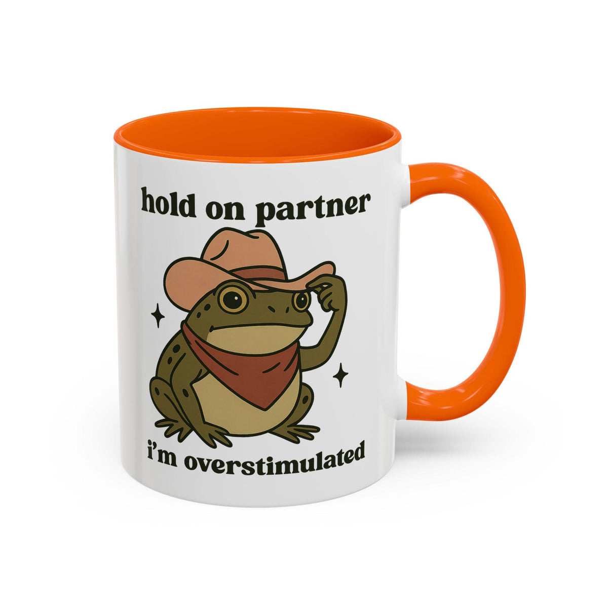 Funny Cowboy Frog Mug - "Hold On Partner, I'm Overstimulated" Western Toad Coffee Cup, Quirky Animal Humor Gift for Frog Lovers LTN