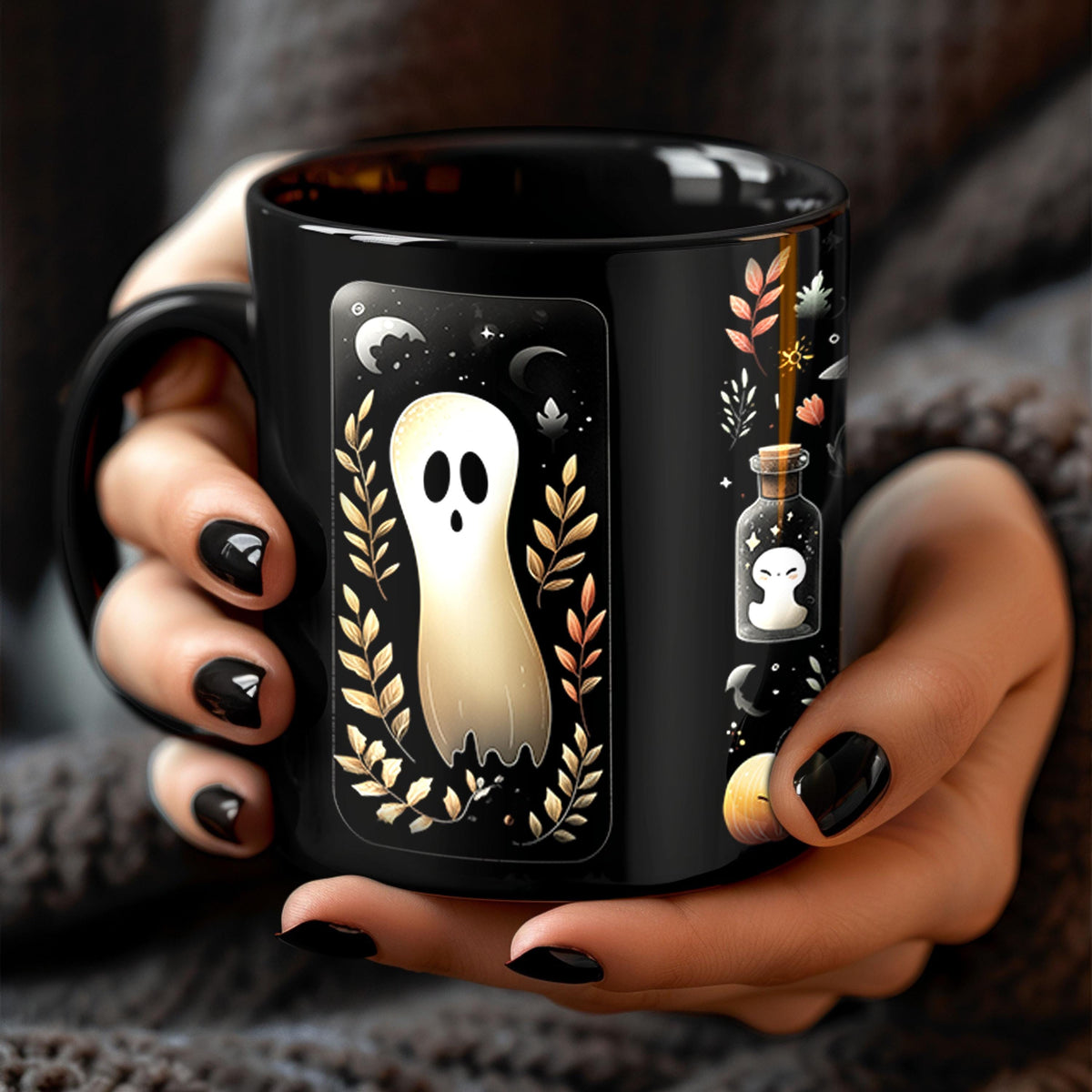 Halloween Mug with Ghost & Pumpkin – Cozy Fall Coffee Cup, Cute Spooky Decor, Autumn Vibes, Double-Sided Cottagecore Gift LTN