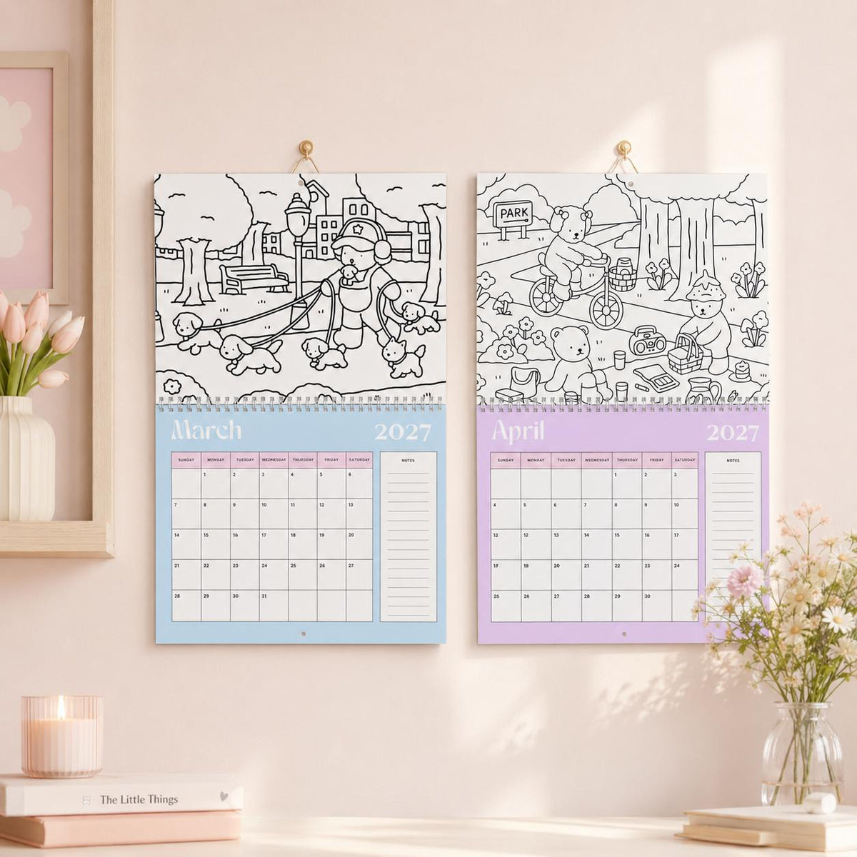 2027 Coloring Book Wall Calendar, Cute Bear Scenes, 11x17 Spiral Monthly Planner