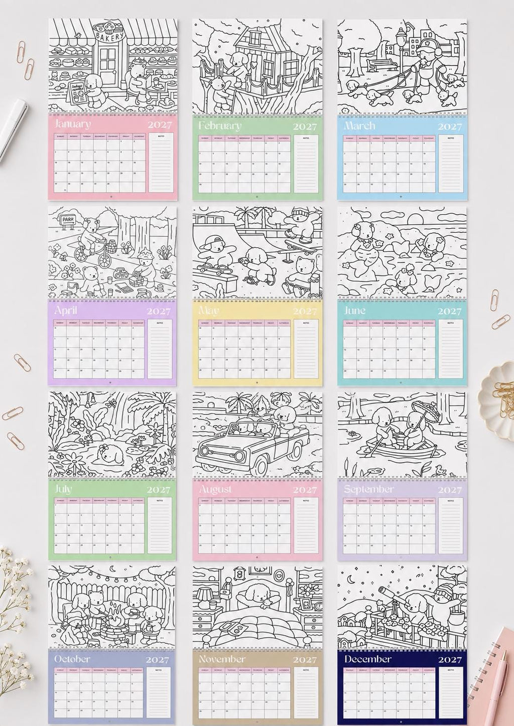 2027 Coloring Book Wall Calendar, Cute Bear Scenes, 11x17 Spiral Monthly Planner