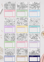 2027 Coloring Book Wall Calendar, Cute Bear Scenes, 11x17 Spiral Monthly Planner