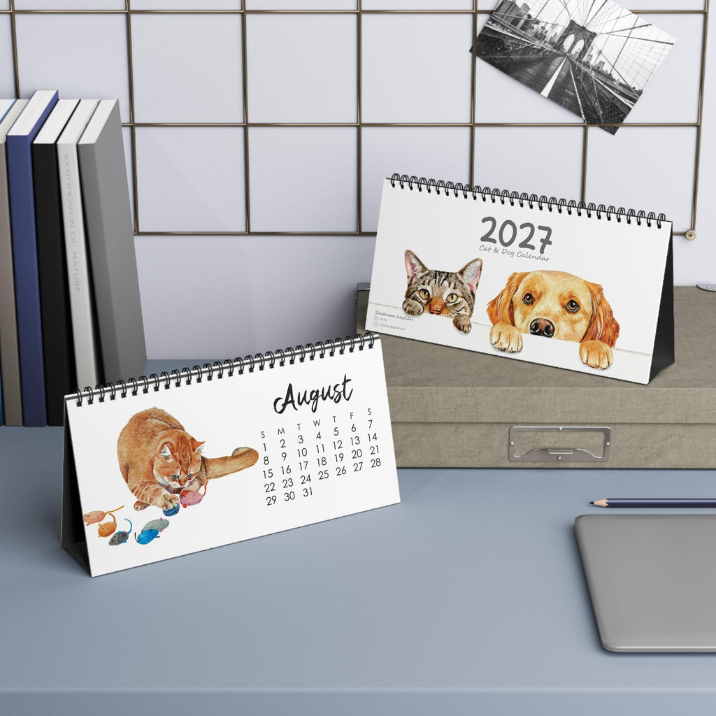 2027 Watercolor Cats & Dogs Desk Calendar | Monthly Pet Desktop Calendar